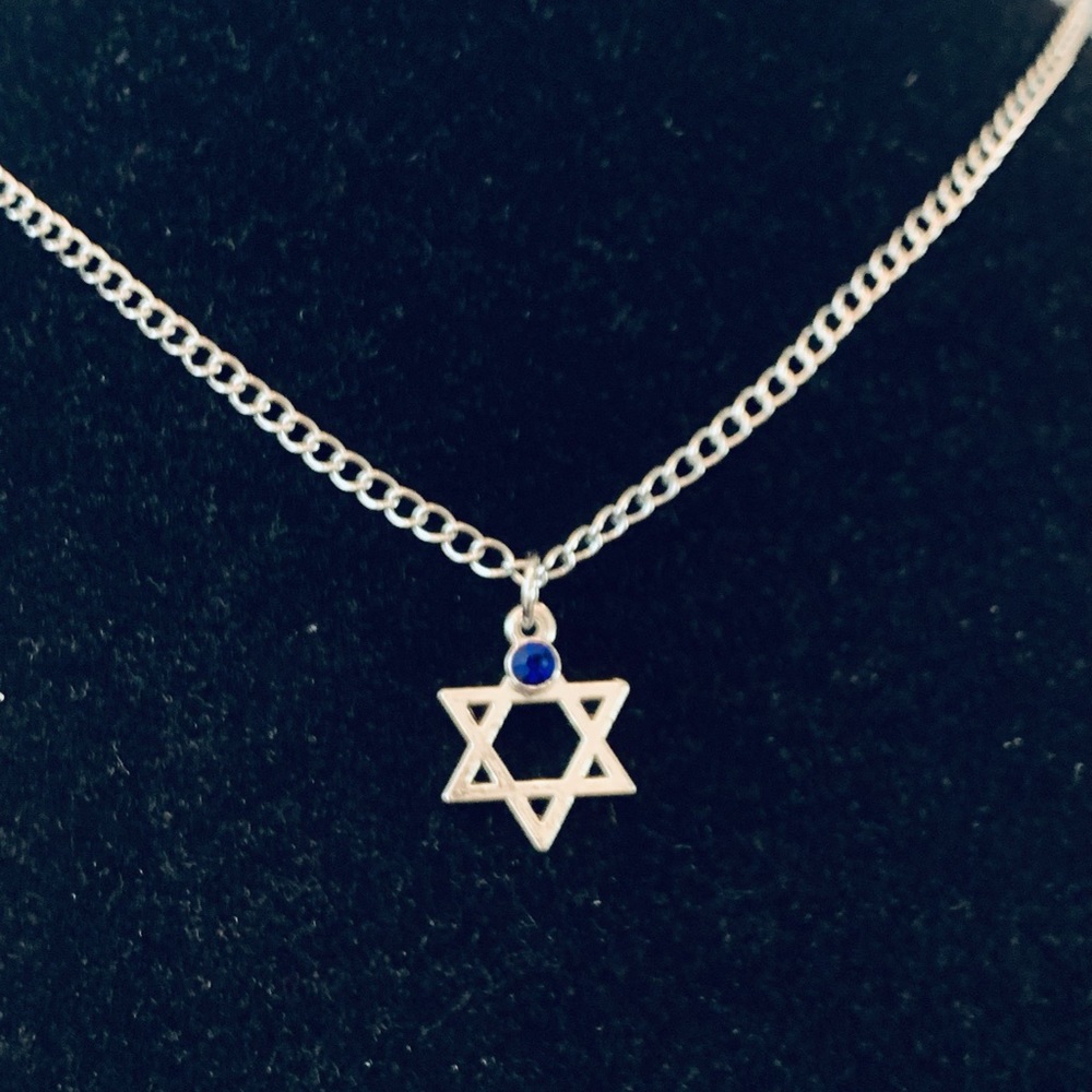 Jewish Star of David chain necklace with sapphire blue birthstone charm